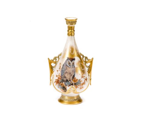  Ⓖ A ROYAL WORCESTER VASE, CIRCA 1884of slender two-handled pear form set with pierced gilt handles, one side painted, probab