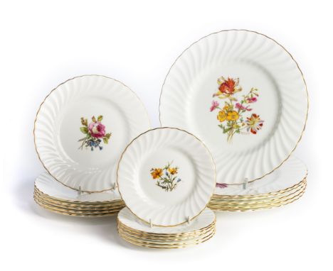 A SET OF MINTON PLATES, MID 20TH CENTURYwith gilt-edged fluted rims, each painted with a variety of flowers (one with plums),