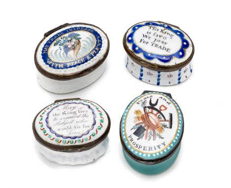 A GROUP OF FOUR ENGLISH ENAMEL PATCH BOXES, SOUTH STAFFORDSHIRE, CIRCA 1800 all oval, one painted with a cornucopia surrounde