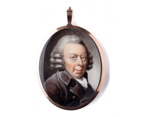 ˜A PORTRAIT MINIATURE OF A GENTLEMAN, BY JOSEPH DANIEL (c.1760-1803), CIRCA 1790 wearing a powdered wig and brown coat, on iv