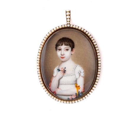 ˜A PORTRAIT MINIATURE OF A YOUNG GIRL,&nbsp;ATTRIBUTED TO JOSEPH FRANCIS BURRELL (1770 - AFTER1854),&nbsp;CIRCA 1805 with sho