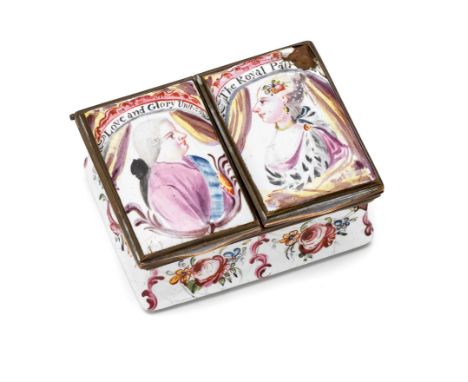 AN ENGLISH ENAMEL 'ROYAL WEDDING' SMALL DOUBLE BOX, SOUTH STAFFORDSHIRE, CIRCA 1761 oblong, the twin lids each painted with o
