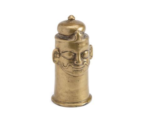 A BRASS SIVALINGAM COVER, WESTERN DECCAN, 18TH / 19TH CENTURY of tapered cylindrical form, with moustachioed face of Siva on 