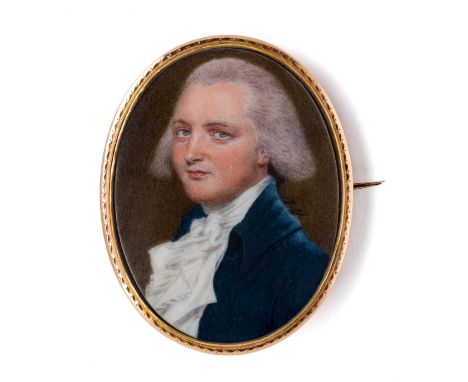 ˜A PORTRAIT MINIATURE OF A GENTLEMAN, AFTER JOHN SMART, CIRCA 1795 with powdered hair, blue coat, white waistcoat and jabot, 