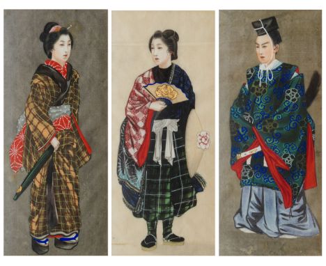 A SET OF TWELVE JAPANESE PORTRAIT PAINTINGS, EARLY 20TH CENTURYwatercolour on silk, ten with a full length female portrait an