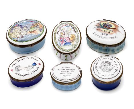 A GROUP OF SIX ENGLISH ENAMEL 'PATRIOTIC' PATCH BOXES, SOUTH STAFFORDSHIRE, LATE 18TH / EARLY 19TH CENTURY oval, one lid deco