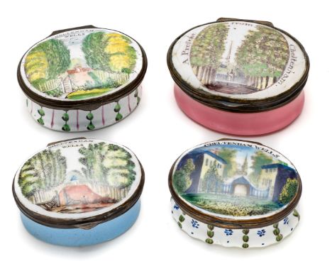 A GROUP OF FOUR ENGLISH ENAMEL 'CHELTENHAM SOUVENIR' PATCH BOXES, SOUTH STAFFORDSHIRE, LATE 18TH / EARLY 19TH CENTURY oval, w