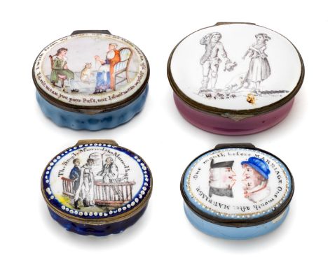 A GROUP OF FOUR ENGLISH ENAMEL PATCH BOXES, SOUTH STAFFORDSHIRE, LATE 18TH / EARLY 19TH CENTURY one lid decorated with the no