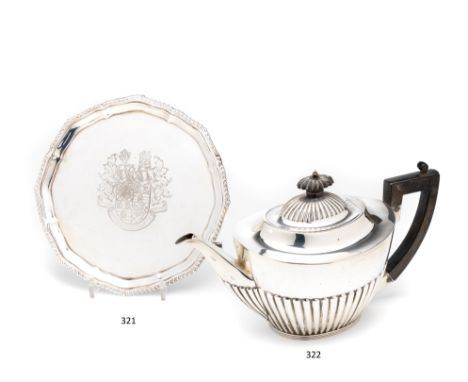 Ⓖ&nbsp;AN EDWARDIAN SILVER TEAPOT, MAPPIN &amp; WEBB LTD., SHEFFIELD, 1909 oval part lobed pattern, plain 27cm long, 520gr (1