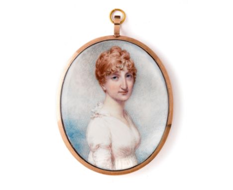 ˜A PORTRAIT MINIATURE OF A LADY, BY WILLIAM WOOD (1769-1810), CIRCA 1800 in a white dress, on ivory, gold frame, glazed rever