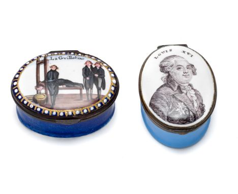 TWO ENGLISH ENAMEL PATCH BOXES COMMEMORATING LOUIS XVI, SOUTH STAFFORDSHIRE, LATE 18TH CENTURY oval, metal hinge mounts, one 