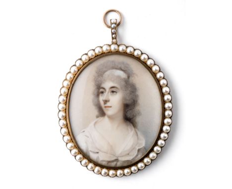 ˜A PORTRAIT MINIATURE OF A LADY, BY JOSEPH DANIEL (c.1760-1803), CIRCA 1795 wearing a white dress and fichu, on ivory, later 