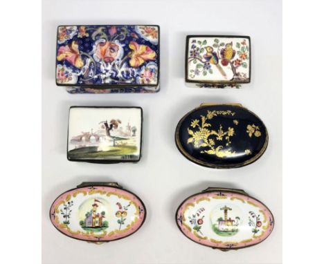 A GROUP OF SIX ENAMEL SNUFF BOXES comprising: an oval pair with pink ground naively painted with flowers and buildings surrou