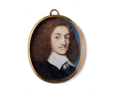 A PORTRAIT MINIATURE OF A GENTLEMAN, ENGLISH SCHOOL, CIRCA 1655 with brown hair wearing a black gown with a white lawn tassel