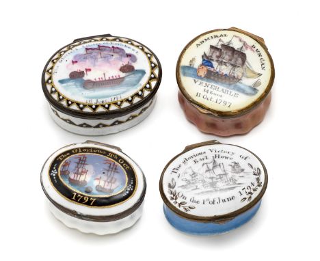 A GROUP OF FOUR ENGLISH ENAMEL PATCH BOXES COMMEMORATING NAVAL VICTORIES, SOUTH STAFFORDSHIRE, CIRCA 1794 AND CIRCA 1797 one 