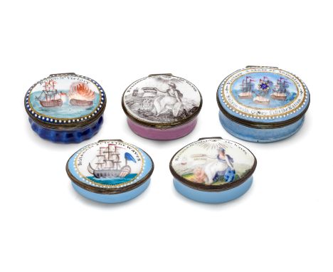 A GROUP OF FIVE ENGLISH ENAMEL 'NELSON' PATCH BOXES, SOUTH STAFFORDSHIRE, CIRCA 1800 oval, one painted with three battleships
