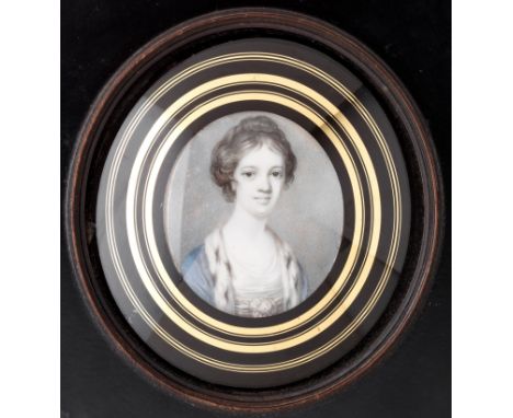 ˜A PORTRAIT MINIATURE OF A LADY, ATTRIBUTED TO RICHARD COSWAY (1742-1821), CIRCA 1765 wearing a blue dress trimmed with ermin