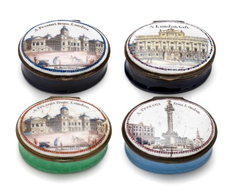 A GROUP OF FOUR ENGLISH ENAMEL 'LONDON SOUVENIR' PATCH BOXES, CIRCA 1800 oval, brass hinge mounts, one decorated with 'Somers