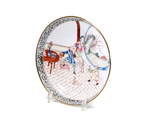 A CHINESE CANTON ENAMEL DISH, 18TH CENTURYpainted with an interior scene with large circular window and two westerners and th