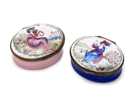 TWO ENGLISH ENAMEL 'SEASONS' PATCH BOXES, SOUTH STAFFORDSHIRE, CIRCA 1800 oval, each decorated from a set of prints, one lid 