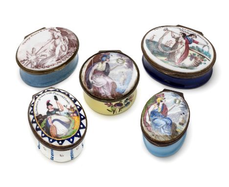 A GROUP OF FIVE ENGLISH ENAMEL 'TREATY OF AMIENS' PATCH BOXES, CIRCA 1802 one oval with lid decorated with two female figures