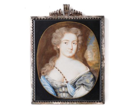 A PORTRAIT MINIATURE OF A LADY, ENGLISH SCHOOL, CIRCA 1670 ash blonde hair, wearing a pale blue dress and gemstone chain acro