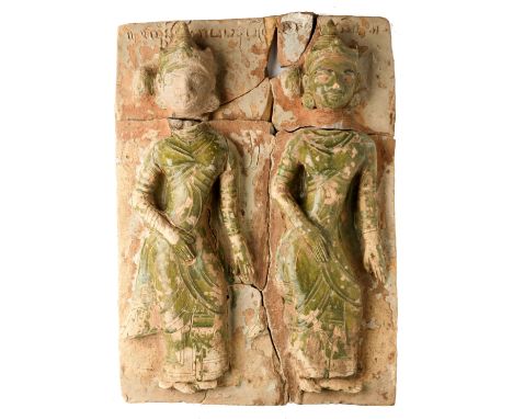 A GLAZED RELIEF TILE, PEGU, BURMA (NOW BAGO, MYANMAR), CIRCA 15TH CENTURY celadon and white glazed buff earthenware, depictin