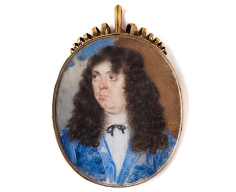 A PORTRAIT MINIATURE OF A GENTLEMAN, BY THE ARTIST SIGNING D.M., DATED 1665 flowing dark locks, wearing a blue banyan, half s