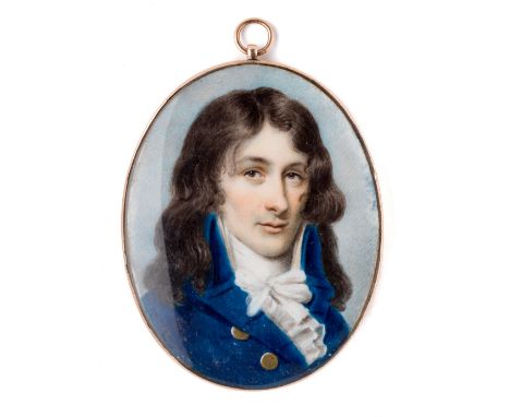 ˜A PORTRAIT MINIATURE OF A GENTLEMAN, ENGLISH SCHOOL, CIRCA 1795 with flowing brown hair, wearing a blue coat, white cravat a