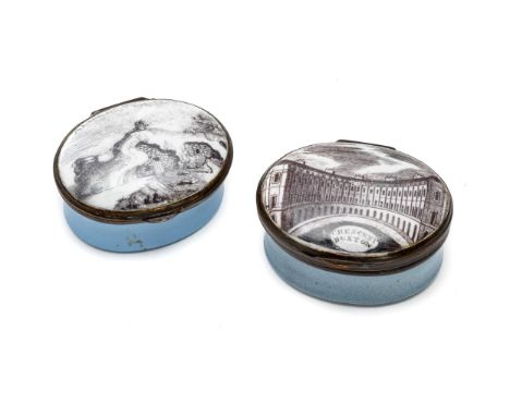 TWO ENGLISH ENAMEL 'BUXTON SOUVENIR' PATCH BOXES, SOUTH STAFFORDSHIRE, LATE 18TH CENTURY oval, pale blue waisted bodies, bras
