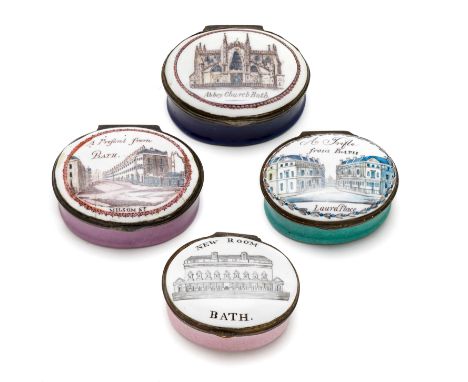 A GROUP OF FOUR ENGLISH ENAMEL 'BATH SOUVENIR' PATCH BOXES, SOUTH STAFFORDSHIRE, CIRCA 1800 all oval, with brass hinge mounts