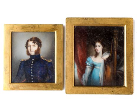 ˜Ⓖ&nbsp;TWO PORTRAIT MINIATURES, ONE OF JOHN COKE, THE OTHER OF A LADY, ENGLISH SCHOOL, CIRCA 1815 he with curled brown hair 