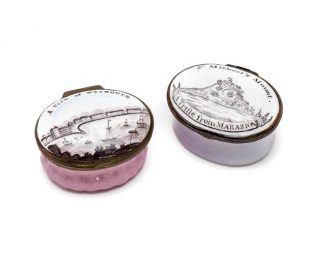 TWO ENGLISH ENAMEL 'SEASIDE SOUVENIR' PATCH BOXES, SOUTH STAFFORDSHIRE, CIRCA 1800 oval, transfer printed views, one titled '