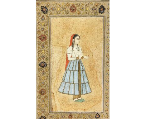 PORTRAIT OF A LADY, PROVINCIAL MUGHAL, NORTHERN INDIA, CIRCA 18TH CENTURY gouache with gold on paper with possibly earlier ar