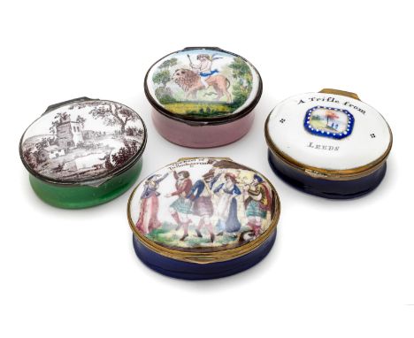A GROUP OF FOUR ENGLISH ENAMEL PATCH BOXES, LATE 18TH / EARLY 19TH CENTURY oval, one lid decorated with Scottish country danc