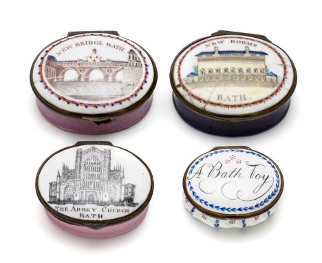 A GROUP OF FOUR ENGLISH ENAMEL 'BATH SOUVENIR' PATCH BOXES, SOUTH STAFFORDSHIRE, LATE 18TH / EARLY 19TH CENTURY oval, brass h