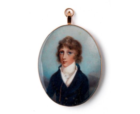 ˜A PORTRAIT MINIATURE OF A BOY, BY MRS ANNE MEE (NEE FOLDSONE, 1765-1851), CIRCA 1800 wearing a white stock and blue coat, on