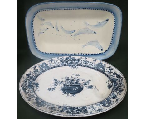 Large Doulton Elaine oval blue and white meat platter with juice well. Also another 'fish' platter. Larger Approx. 51 x 40cms