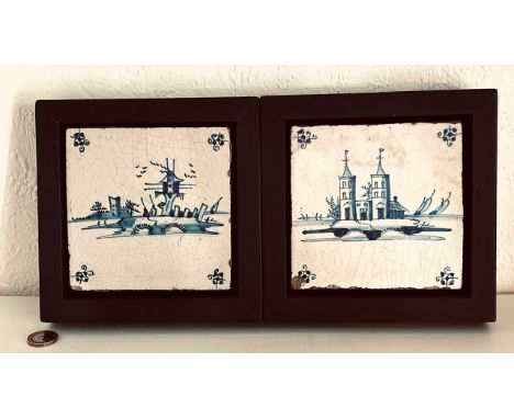 PAIR OF 18th CENTURY DELFT TILE, APPROX 13 x 13cm EACH WITHIN WOODEN FRAMES