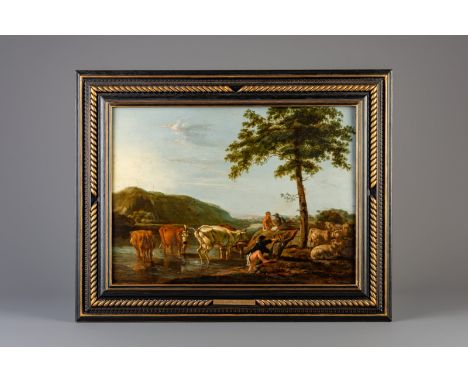 Title: Dutch school, follower of Adriaen van de Velde (1636-1672): Shepherds, cattle and sheep in a river landscape, oil on p