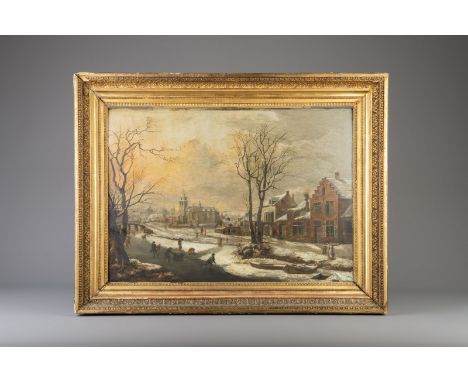 Title: Flemish school: Ice fun on a frozen river, oil on panel, 18th C. Description: Dimensions:  Work: 75,5 x 54,8 cm  Frame