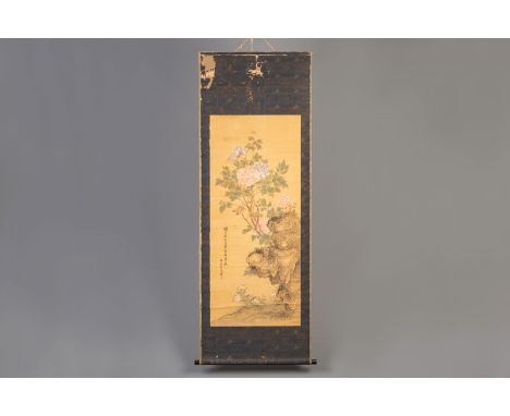 Title: A Chinese silk scroll painting with flowers, signed, 19th C. Description: Dimensions:  The painting: 56 x 129 cm  The 