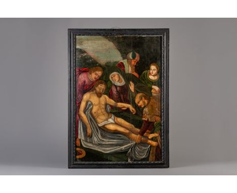 Title: Flemish school: The lamentation over Christ, oil on panel, 16th C. Description: Dimensions:  Work: 105 x 73 cm  Frame: