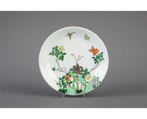 Title: A Chinese famille verte dish with flowers and butterflies, Kangxi Description: Dimensions:  Dia.: 35 cm   