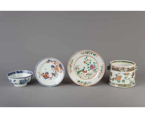 Title: A Chinese famille verte wine cooler, two dishes and a bowl, Kangxi/Qianlong Description: Dimensions:  H 17 cm - Dia.: 