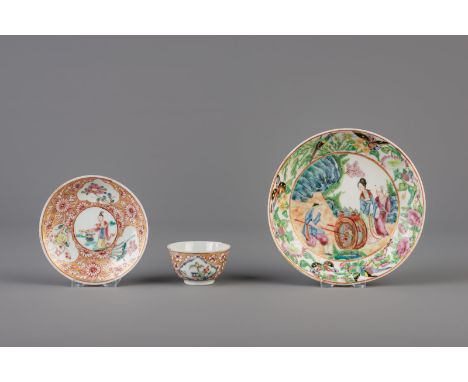 Title: A Chinese famille rose cup and saucer and a Canton saucer, Yongzheng and 19th C. Description: Dimensions:  H 3,5 cm - 