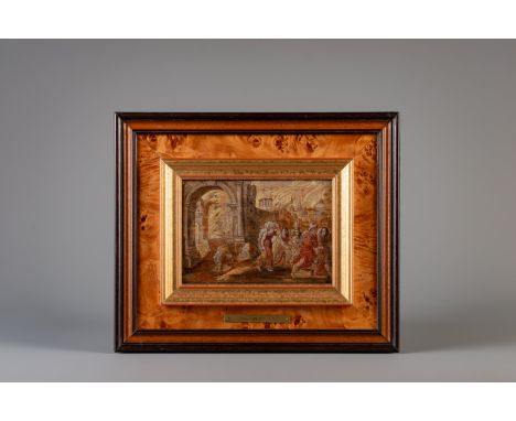 Title: Flemish school: Lot and his family leaving Sodom, oil sketch on panel, 17th C. Description: Dimensions:  Work: 23 x 16