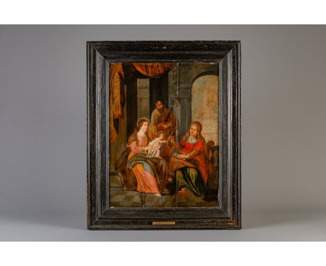 Title: Flemish school: The Holy Family with Saint Anne, oil on panel, 17th C. Description: Dimensions:  Work: 64 x 49,2 cm  F