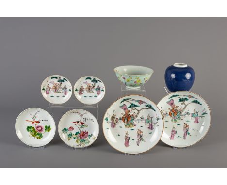 Title: Six Chinese famille rose plates and saucers, a famille rose bowl and a blue monochrome vase, 19th/20th C. Description: