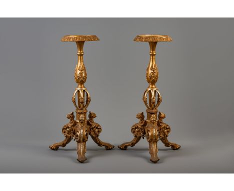 Title: A pair of gilt wooden tripod pedestals, possibly Italy, 19th/20th C. Description: Dimensions:  H 97 cm